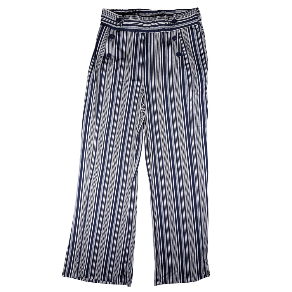 Robert Louis Navy White Striped Sailor Wide Leg Pants Women Size Medium 29X31